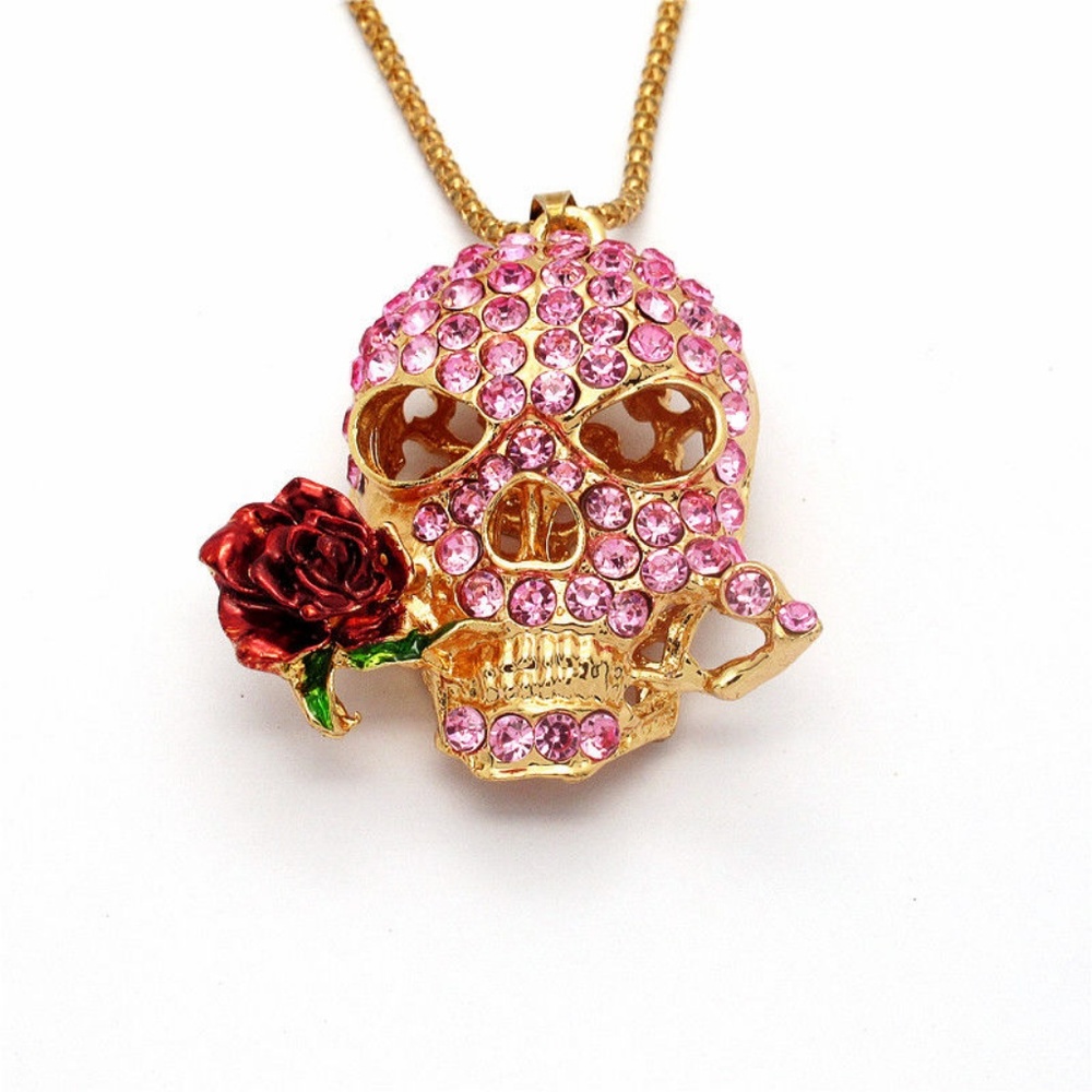 Pink Crystal Skull Rose Goth Flower Gold Tone Sweater Necklace Pendant